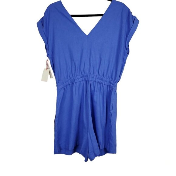 🔥Open Edit V Neck Linen Blend Blue Amparo Romper - Picture 5 of 8